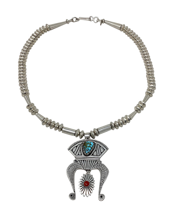 Mary Lou Begay, Necklace, Kingman Web Turquoise, Coral, Navajo, 19