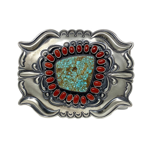 Roland Dixson, Buckle, Coral, Kingman Turquoise, Navajo, 3 1/2