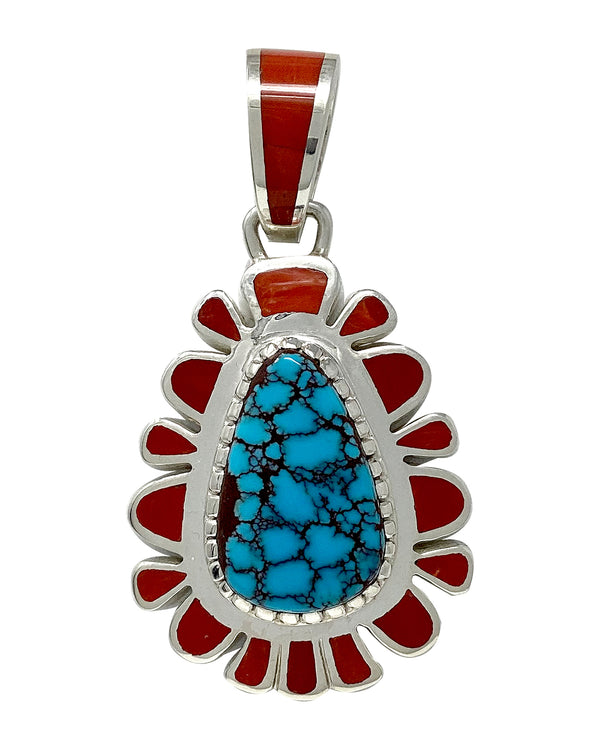 Vernon Haskie, Pendant, Egyptian Turquoise, Coral, Navajo, 2 3/4