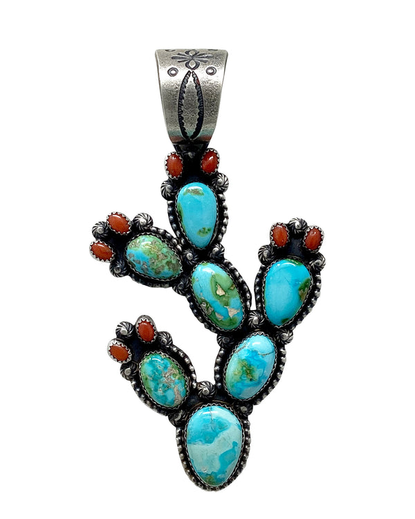 Richard Yazza, Pendant, Coral, Sonoran Gold Turquoise, Sterling Silver, Navajo, 4 1/2