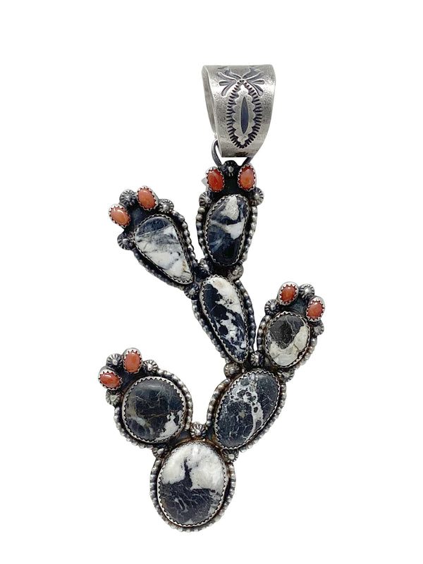 Richard Yazza, Pendant, Coral, White Buffalo Turquoise, Sterling Silver, Navajo, 4 3/4