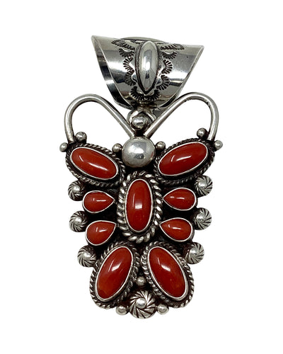 Tyler Brown, Pendant, Coral, Sterling Silver, Navajo Handmade,  2 3/4