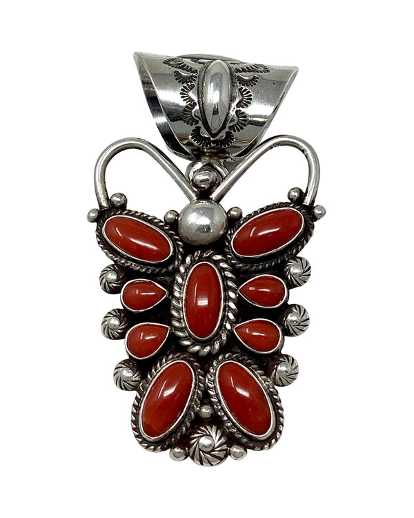 Tyler Brown, Pendant, Coral, Sterling Silver, Navajo Handmade,  2 3/4