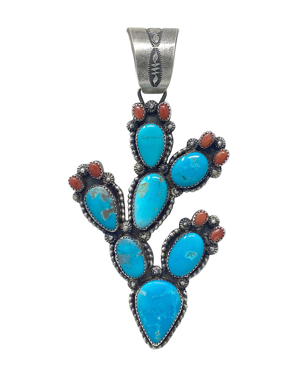 Richard Yazza, Pendant, Coral, Blue Gem Turquoise, Sterling Silver, Navajo, 4 1/2