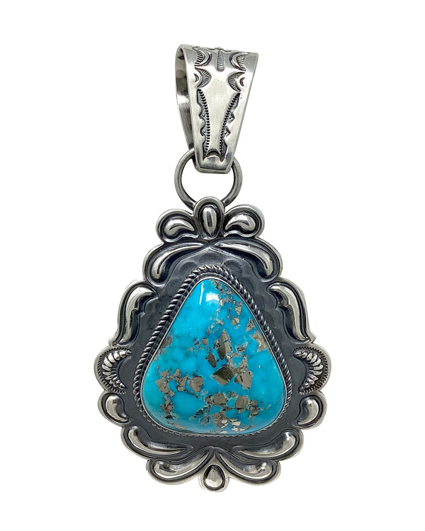 Roland Dixson, Pendant, Persian Turquoise, Sterling Silver, Navajo Handmade, 4 1/4