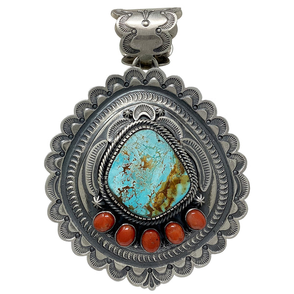 Hank Vandever, Pendant, Kingman Turquoise, Coral, Sterling Silver, Navajo, 3 3/4