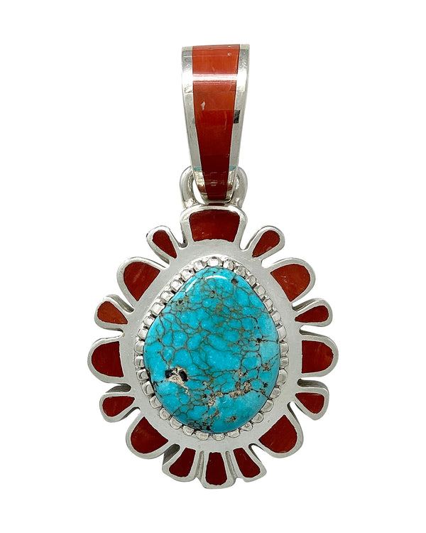 Vernon Haskie, Pendant, Lone Mountain Turquoise, Coral, Sterling Silver, Navajo, 2 1/2