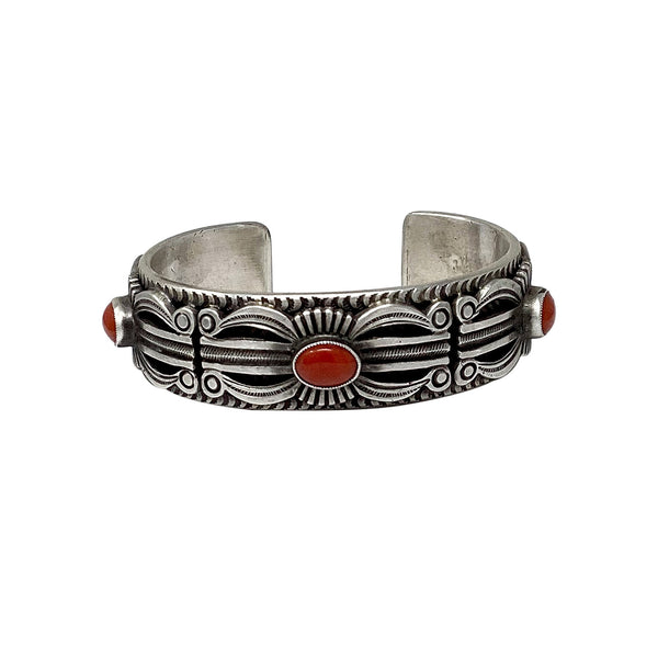 Calvin Martinez, Bracelet, Mediterranean Coral, Stamping, Navajo, 6 3/4