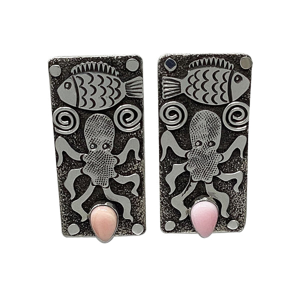 Alex Sanchez, Earring, Pink Conch, Octopus, Fish, Ocean, Navajo, 2 1/4