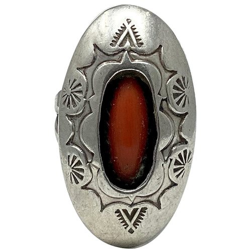 RCY Hallmark, Ring, Coral, Sterling Silver, Navajo, Circa 1980s, 6 1/2