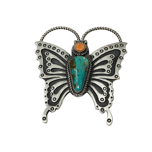 Herman Smith, Pin, Pendant, Kingman Turquoise, Orange Spiny, Navajo, 2 1/2