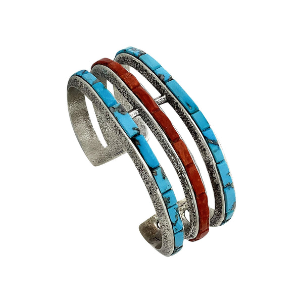 Lester James, Bracelet, Tufa Cast, Kingman Turquoise, Coral, Silver, Navajo, 6 7/8