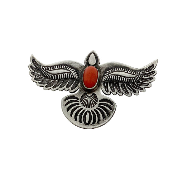 Edison Sandy Smith, Pendant, Eagle, Coral, Stamping, Silver, Navajo Handmade, 2