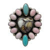 Geraldine James, Ring, Green Kingman, Wild Horse, Pink Conch, Navajo, Adjustable, 8 1/2