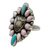 Geraldine James, Ring, Green Kingman, Wild Horse, Pink Conch, Navajo, Adjustable, 8 1/2