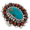 Darlene Begay, Cluster Ring, Coral, Kingman Turquoise, Navajo Made, Adjustable