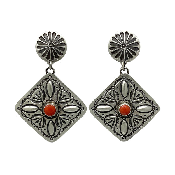 Herman Smith, Earring, Coral, Sterling Silver, Navajo Handmade, 2 1/2