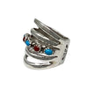 Grace Silver, Wide Ring, Split Design, Stamping, Coral & Kingman Turquoise, Navajo, 8