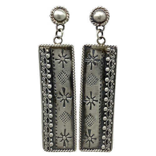 Tim Yazzie, Earrings, Rectangle, Stamp, Pattern Wire, Navajo, 2 3/4