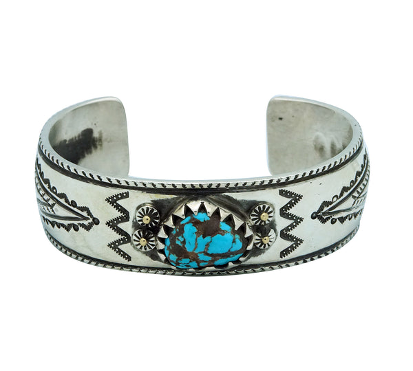 Arland Ben, Bracelet, Bisbee Turquoise, Coin Silver, 14k, Navajo Handmade, 8