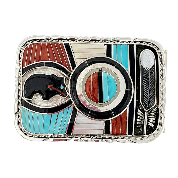 Don Dewa, Belt Buckle, Eagle Feather, Sunface, Bear, Zuni Handmade, 1 3/8