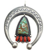 Ernest Roy Begay, Pendant, Naja, Royston Turquoise, Coral, Navajo Made, 4 1/4"