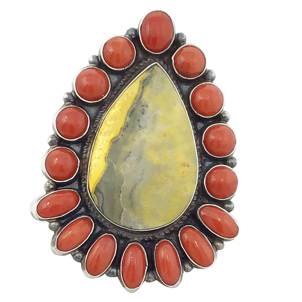 Anthony Skeets, Cluster Ring, Bumble Bee Jasper, Coral, Navajo Handmade, 8