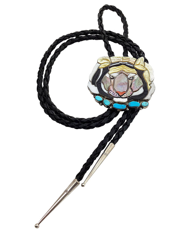 Shirley Benn, Bolo Tie, Bengal Tiger, Shell, Jet, Turquoise, Handmade, 42