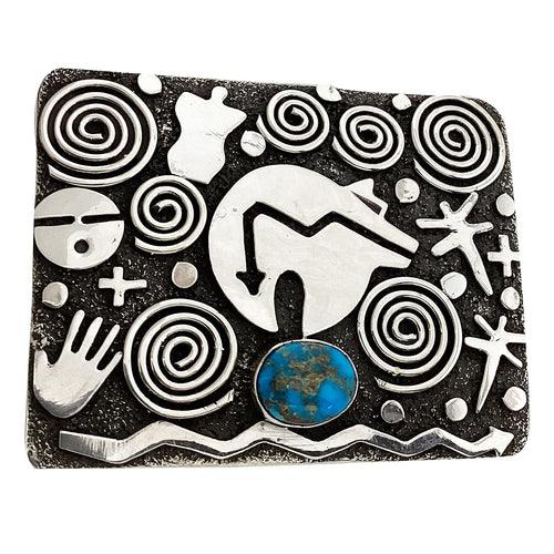 Alex Sanchez, Belt Buckle, Kingman Turquoise, Petroglyphs, Navajo Made, 1 1/2