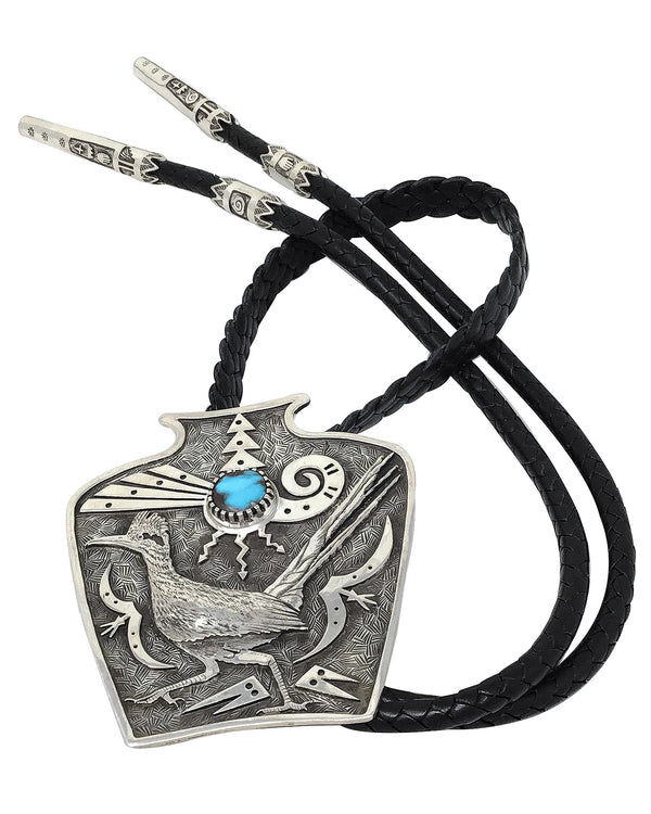 Arland Ben, Bolo Tie, Roadrunner, Bisbee Turquoise, Navajo Handmade, 46