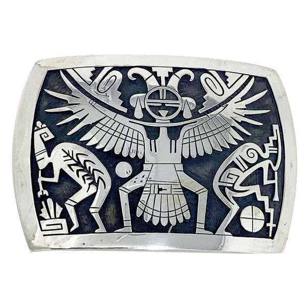 Berra Tawahongya, Belt Buckle, Blessings, Silver Overlay, Hopi Handmade, 1 1/2