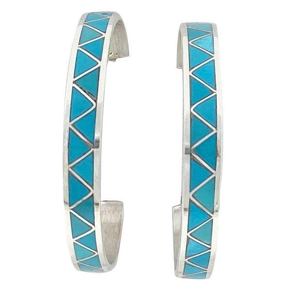 Claudine Haloo, Hoop Earrings, Silver, Turquoise, Zuni Handmade, 1 3/4