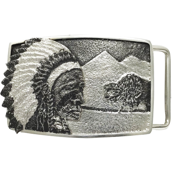 Kelsey Jimmie, Belt Buckle, Tufa Cast, Chief, Buffalo, Navajo Made, 3 3/8