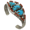 Bevis Tsadiasi, Cluster Bracelet, Kingman Turquoise, Coral, Zuni Made, 6 3/8"