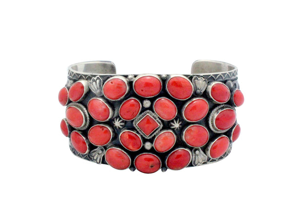 Gary Reeves, Coin Silver Bracelet, Mediterranean Coral, Navajo Handmade, 7 1/8